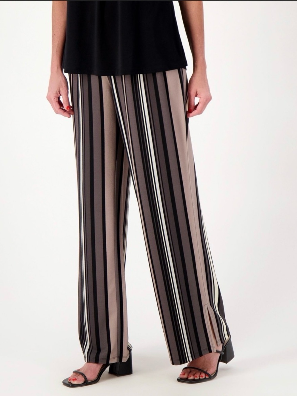 Striped Wide-Leg Women's Pants - Black, Taupe & Cream